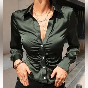 Ruched satin button up top - dark emerald green